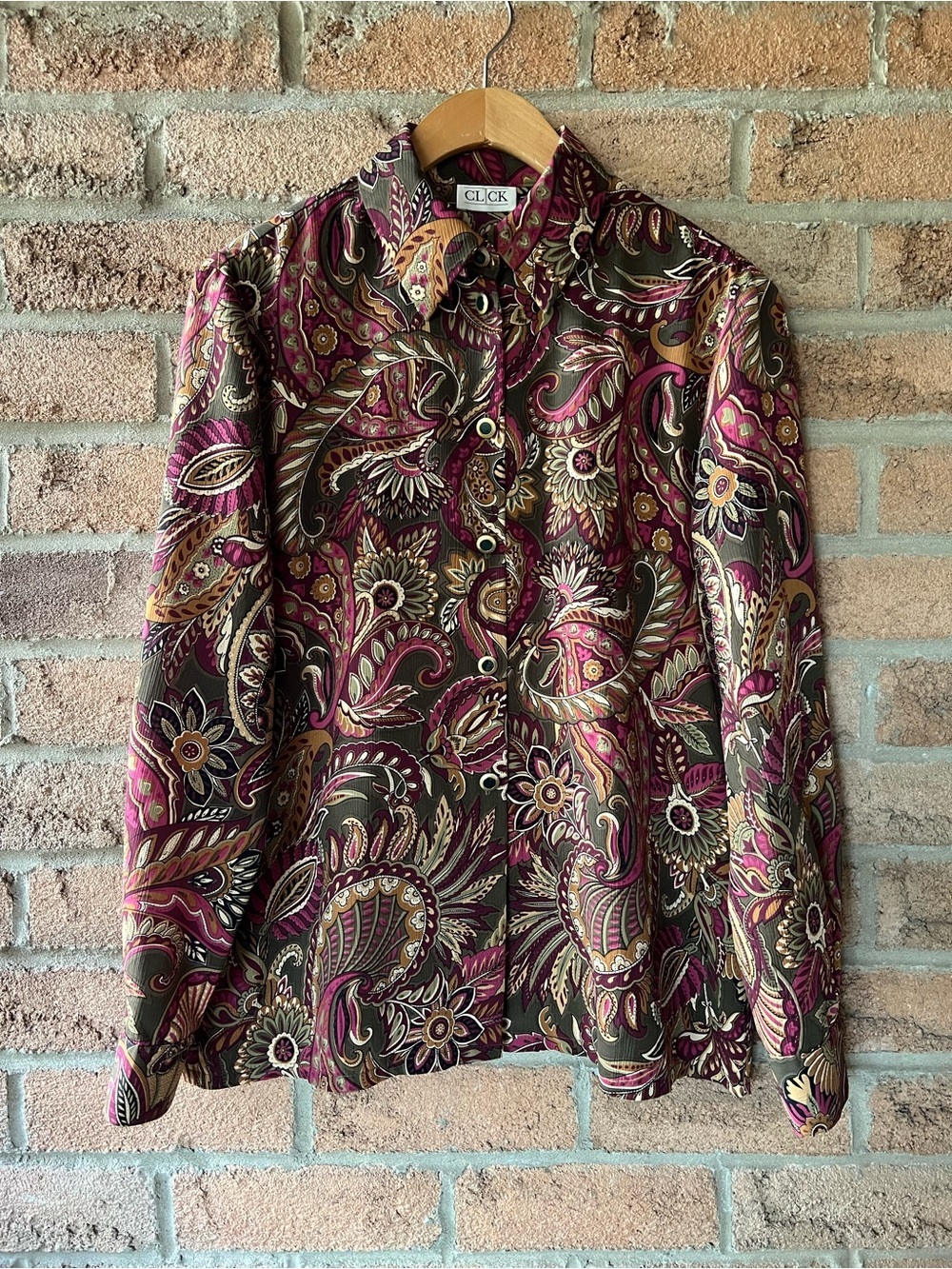 CLICK Vintage Paisley Floral Button Down Blouse Boho Retro Statement Shirt